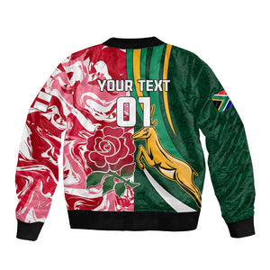 Custom South Africa and England Rugby Bomber Jacket - The Red Rose with Protea Pattern