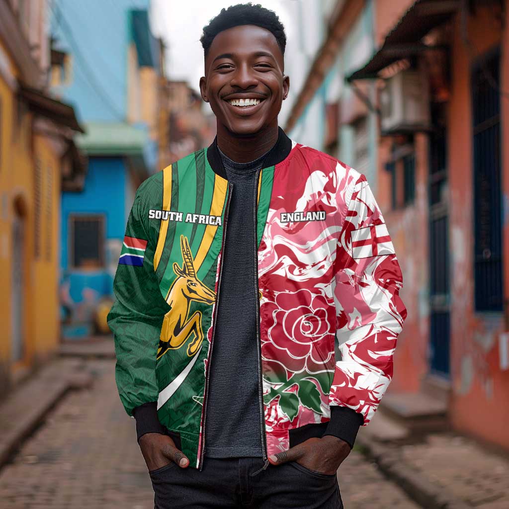 Custom South Africa and England Rugby Bomber Jacket - The Red Rose with Protea Pattern