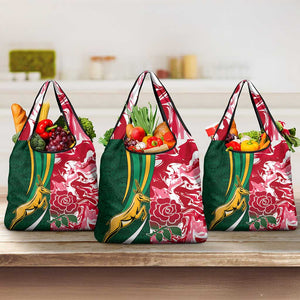 South Africa and England Rugby Grocery Bag - The Red Rose with Protea Pattern
