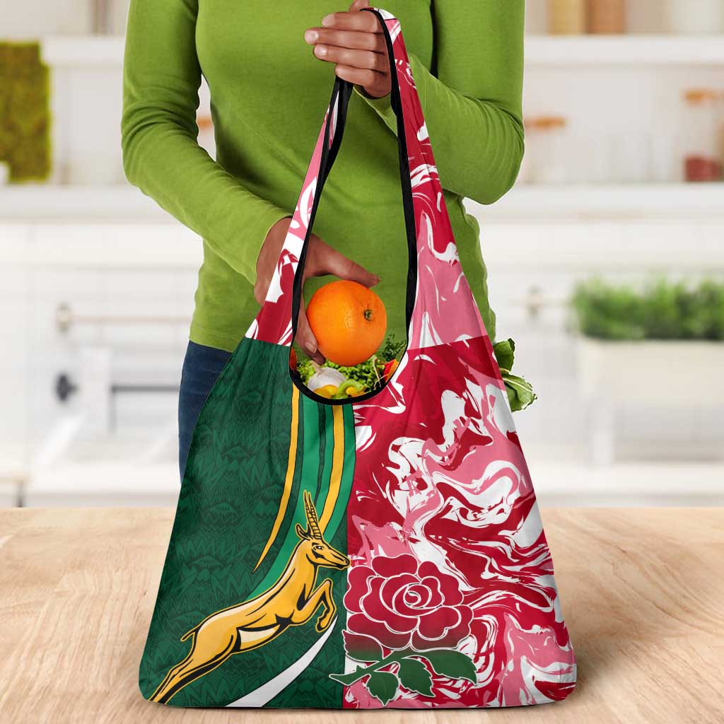 South Africa and England Rugby Grocery Bag - The Red Rose with Protea Pattern