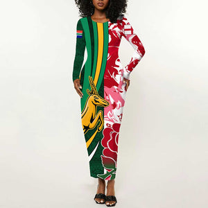 Custom South Africa and England Rugby Long Sleeve Bodycon Dress - The Red Rose with Protea Pattern LT01