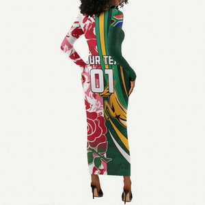 Custom South Africa and England Rugby Long Sleeve Bodycon Dress - The Red Rose with Protea Pattern LT01