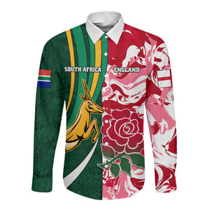 Custom South Africa and England Rugby Long Sleeve Button Shirt - The Red Rose with Protea Pattern
