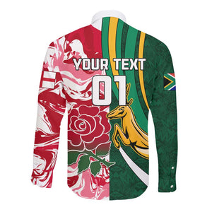 Custom South Africa and England Rugby Long Sleeve Button Shirt - The Red Rose with Protea Pattern