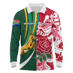Custom South Africa and England Rugby Long Sleeve Polo Shirt - The Red Rose with Protea Pattern