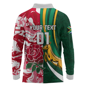 Custom South Africa and England Rugby Long Sleeve Polo Shirt - The Red Rose with Protea Pattern