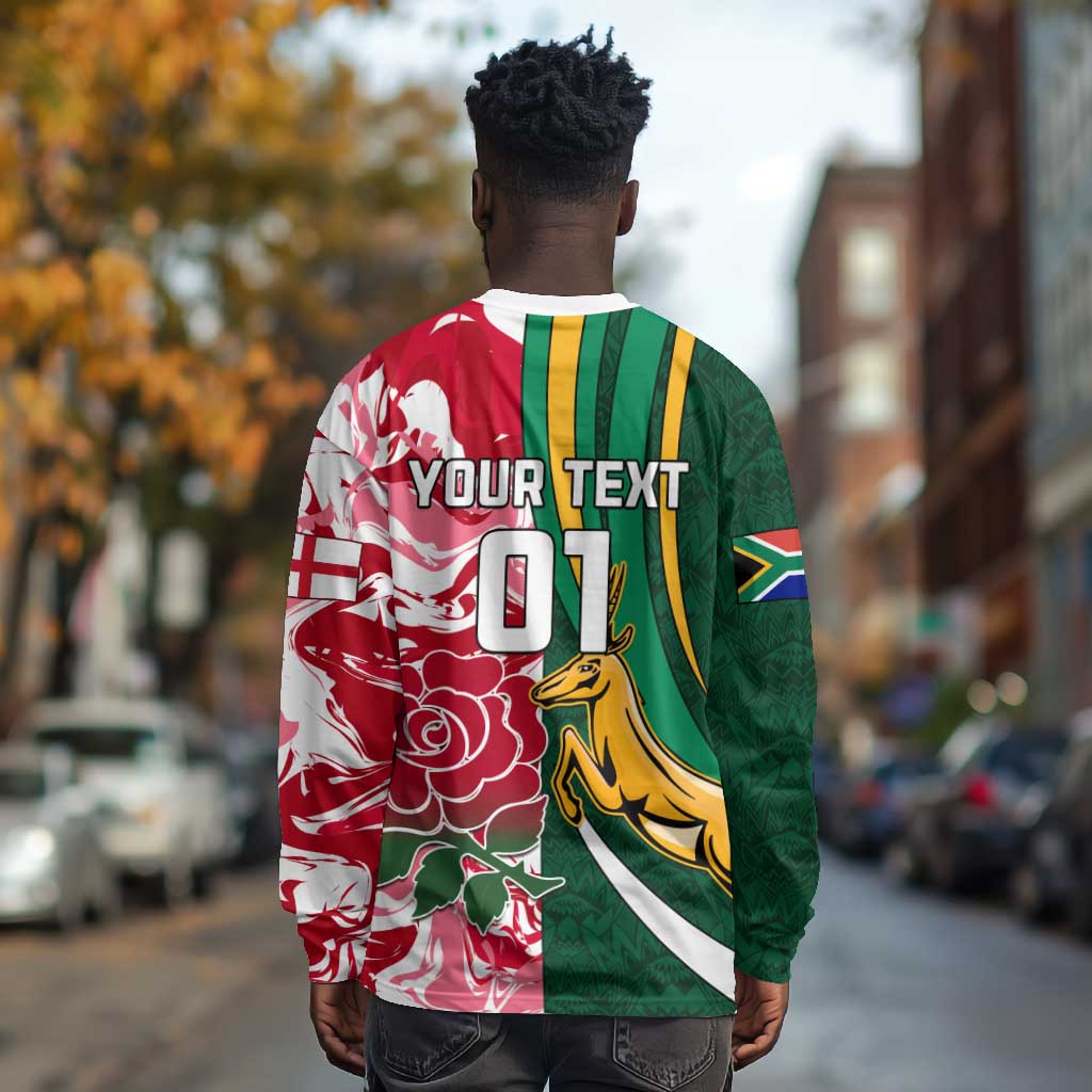Custom South Africa and England Rugby Long Sleeve Shirt - The Red Rose with Protea Pattern LT01