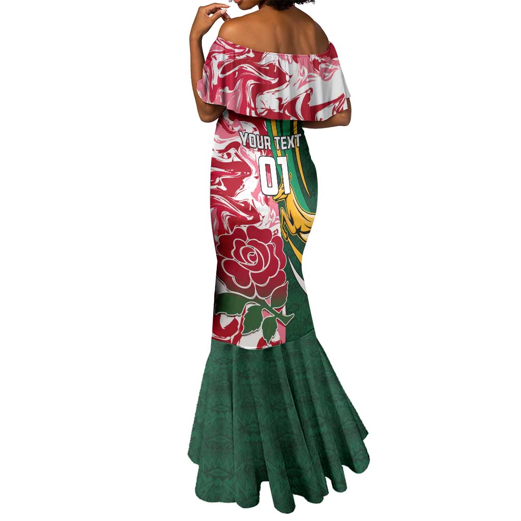 Custom South Africa and England Rugby Mermaid Dress - The Red Rose with Protea Pattern