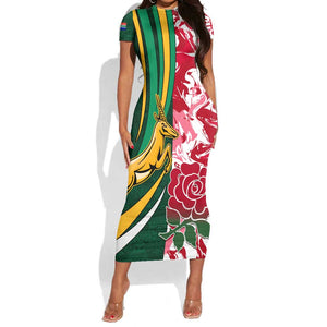 Custom South Africa and England Rugby Short Sleeve Bodycon Dress - The Red Rose with Protea Pattern LT01