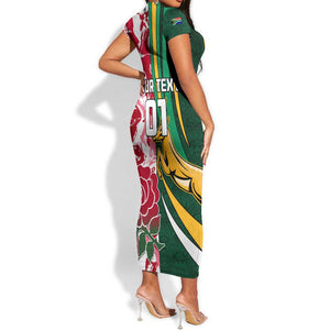 Custom South Africa and England Rugby Short Sleeve Bodycon Dress - The Red Rose with Protea Pattern LT01