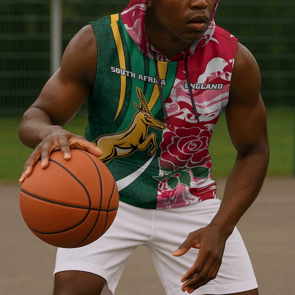 Custom South Africa and England Rugby Sleeveless Hoodie - The Red Rose with Protea Pattern - African Pride