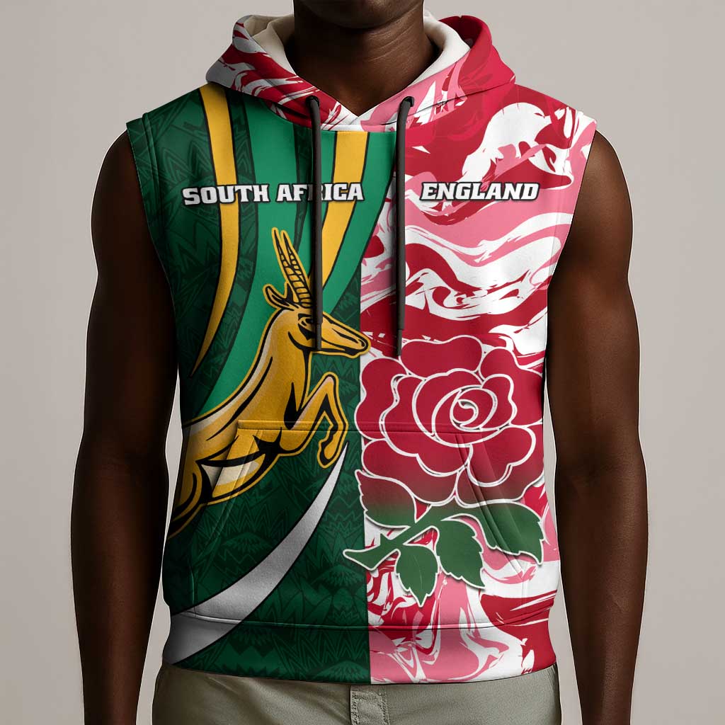 Custom South Africa and England Rugby Sleeveless Hoodie - The Red Rose with Protea Pattern - African Pride