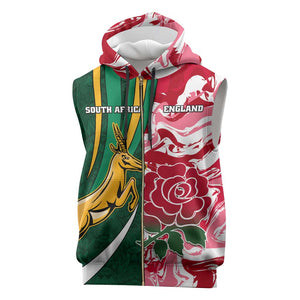 Custom South Africa and England Rugby Sleeveless Zip Hoodie - The Red Rose with Protea Pattern - African Pride