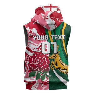 Custom South Africa and England Rugby Sleeveless Zip Hoodie - The Red Rose with Protea Pattern - African Pride