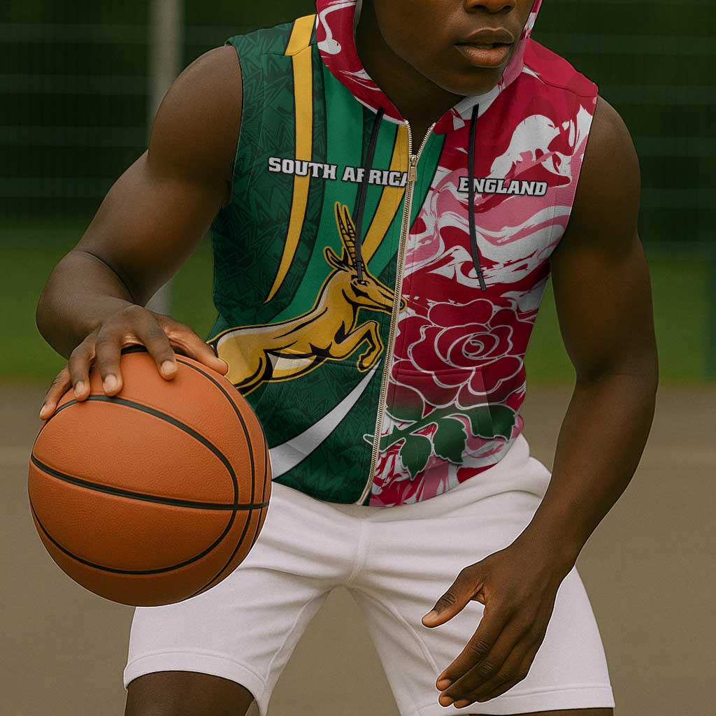 Custom South Africa and England Rugby Sleeveless Zip Hoodie - The Red Rose with Protea Pattern - African Pride