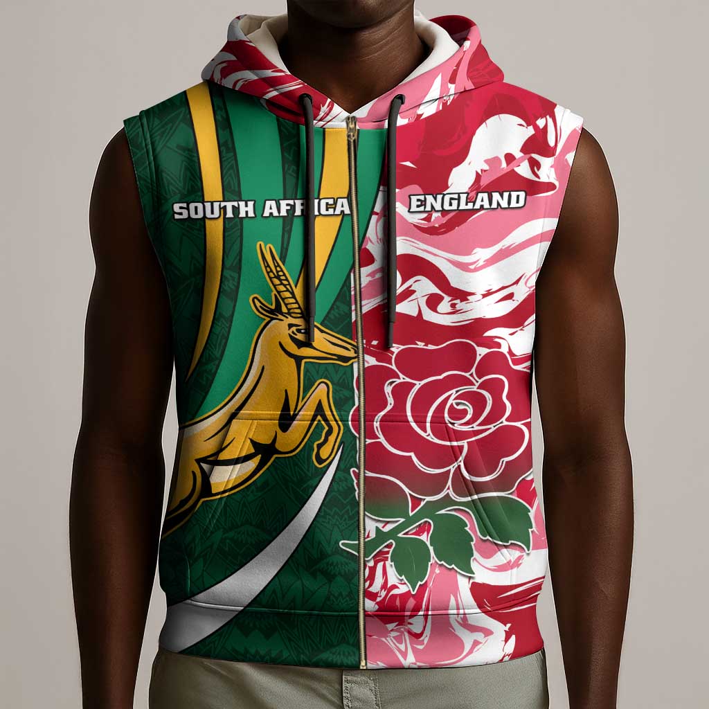 Custom South Africa and England Rugby Sleeveless Zip Hoodie - The Red Rose with Protea Pattern - African Pride