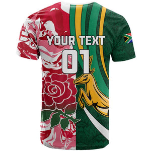Custom South Africa and England Rugby T shirt - The Red Rose with Protea Pattern