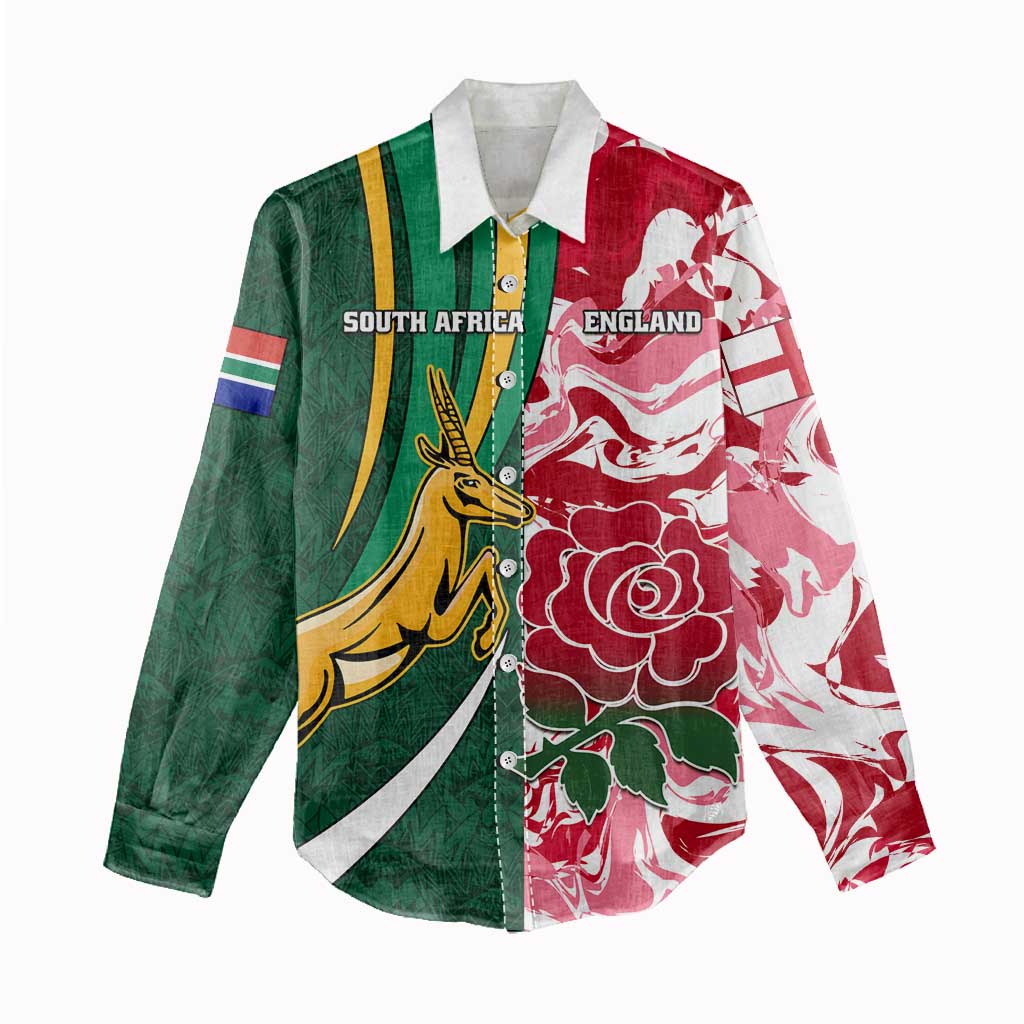 Custom South Africa and England Rugby Women Casual Shirt - The Red Rose with Protea Pattern LT01