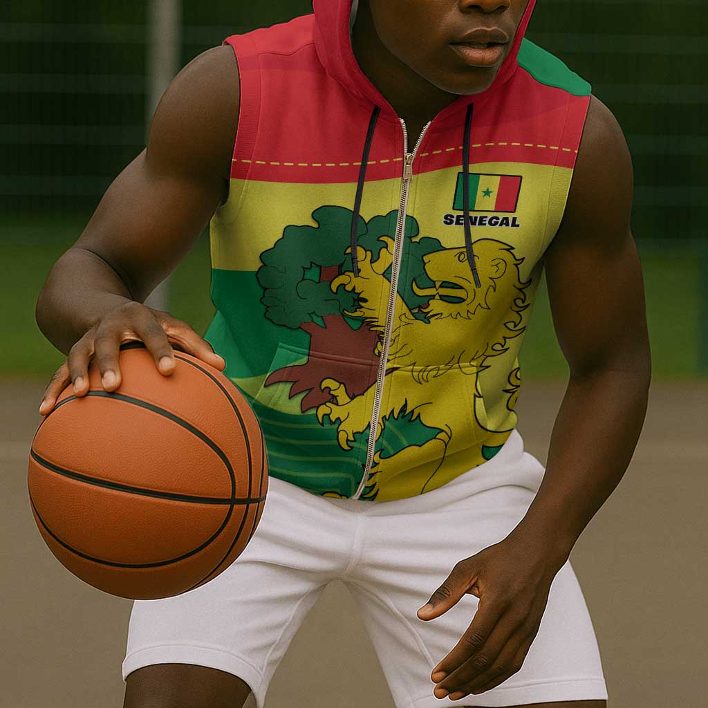 Custom Senegal Sleeveless Zip Hoodie with Bahamian Lion and Baobab Flag Style - African Pride