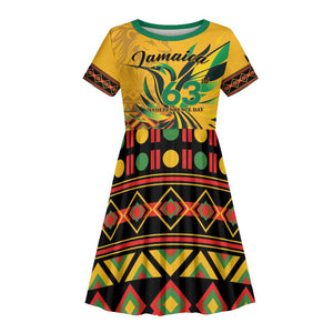 Personalized Black Jamaican Independence Day 1962 Kid Short Sleeve Dress Jumieka Streamertail Reggae Pattern LT01