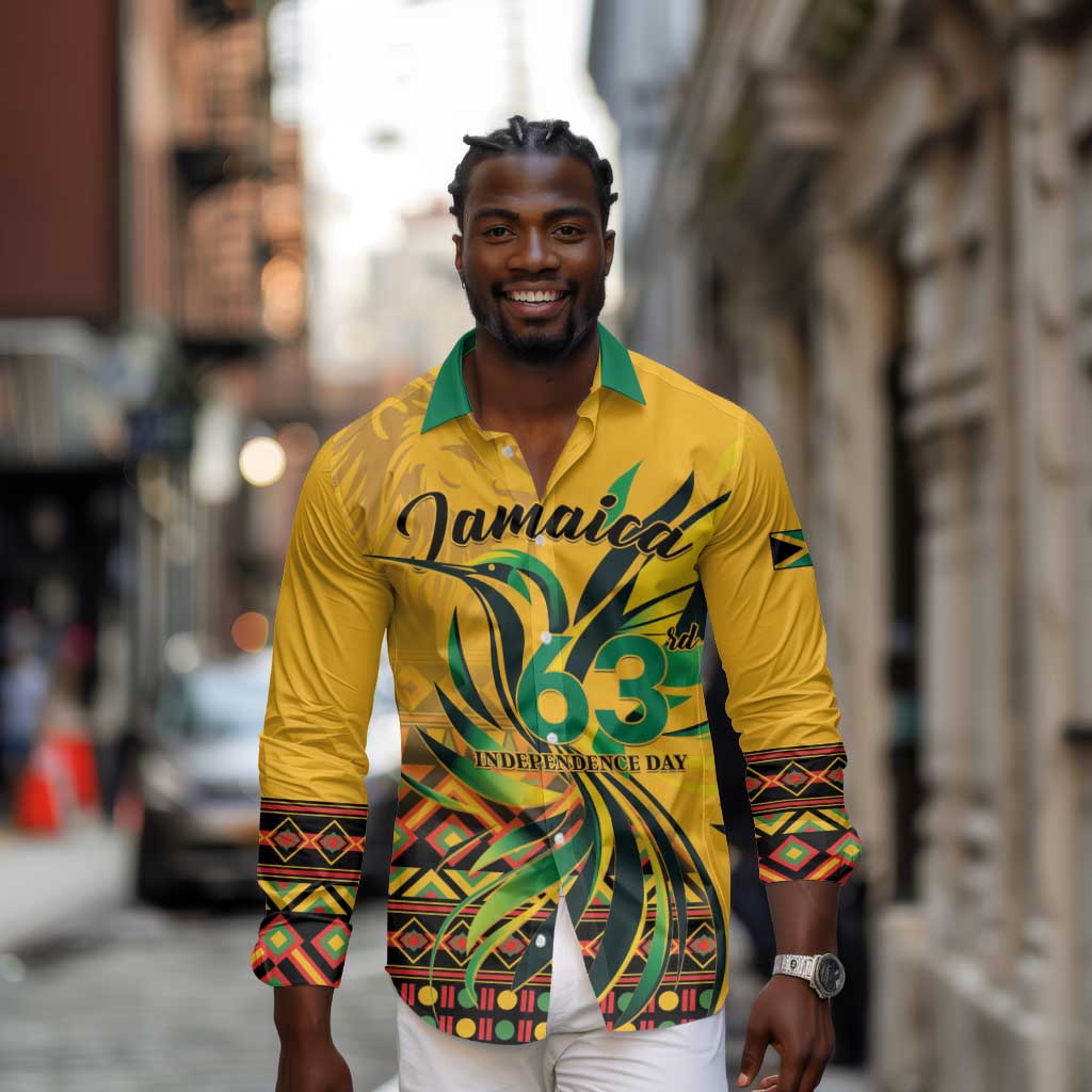 Personalized Black Jamaican Independence Day 1962 Long Sleeve Button Shirt Jumieka Streamertail Reggae Pattern LT01