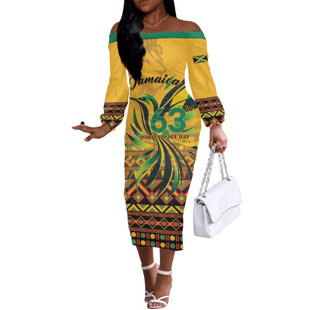 Personalized Black Jamaican Independence Day 1962 Off The Shoulder Long Sleeve Dress Jumieka Streamertail Reggae Pattern LT01
