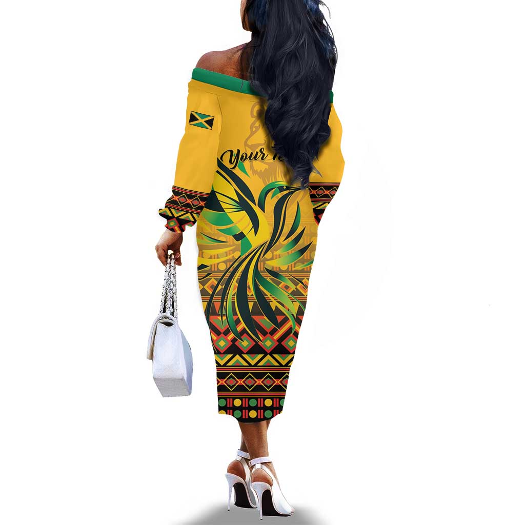 Personalized Black Jamaican Independence Day 1962 Off The Shoulder Long Sleeve Dress Jumieka Streamertail Reggae Pattern LT01