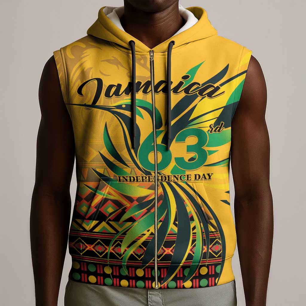 Personalized Black Jamaican Independence Day 1962 Sleeveless Zip Hoodie Jumieka Streamertail Reggae Pattern - African Pride
