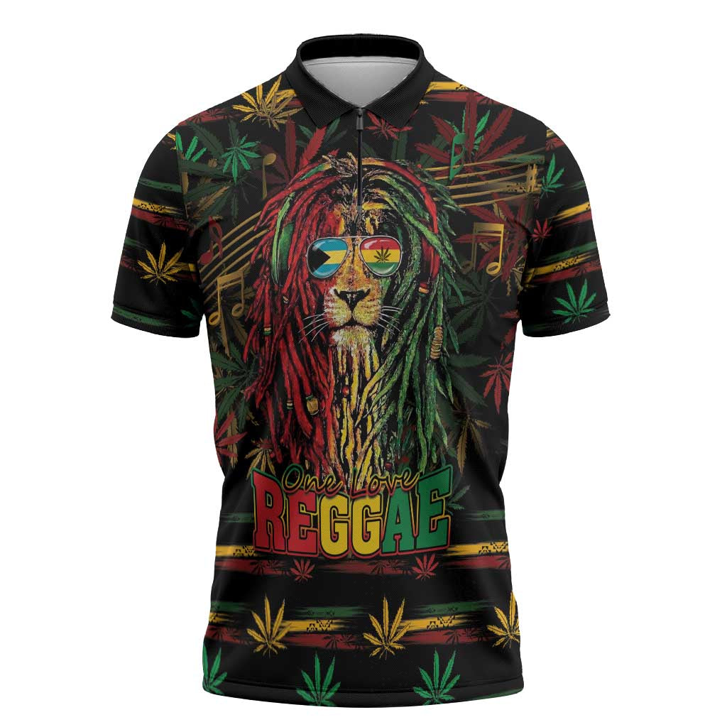 Personalized The Bahamas One Love Reggae Lion Zipper Polo Shirt Caribbean Reggae Spirit