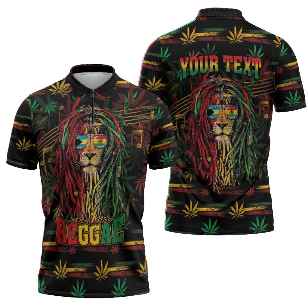 Personalized The Bahamas One Love Reggae Lion Zipper Polo Shirt Caribbean Reggae Spirit