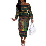 Personalized Barbados One Love Reggae Lion Off The Shoulder Long Sleeve Dress Caribbean Reggae Spirit