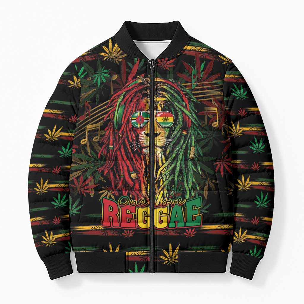 Personalized Dominica One Love Reggae Lion Bomber Puffer Jacket Caribbean Reggae Spirit