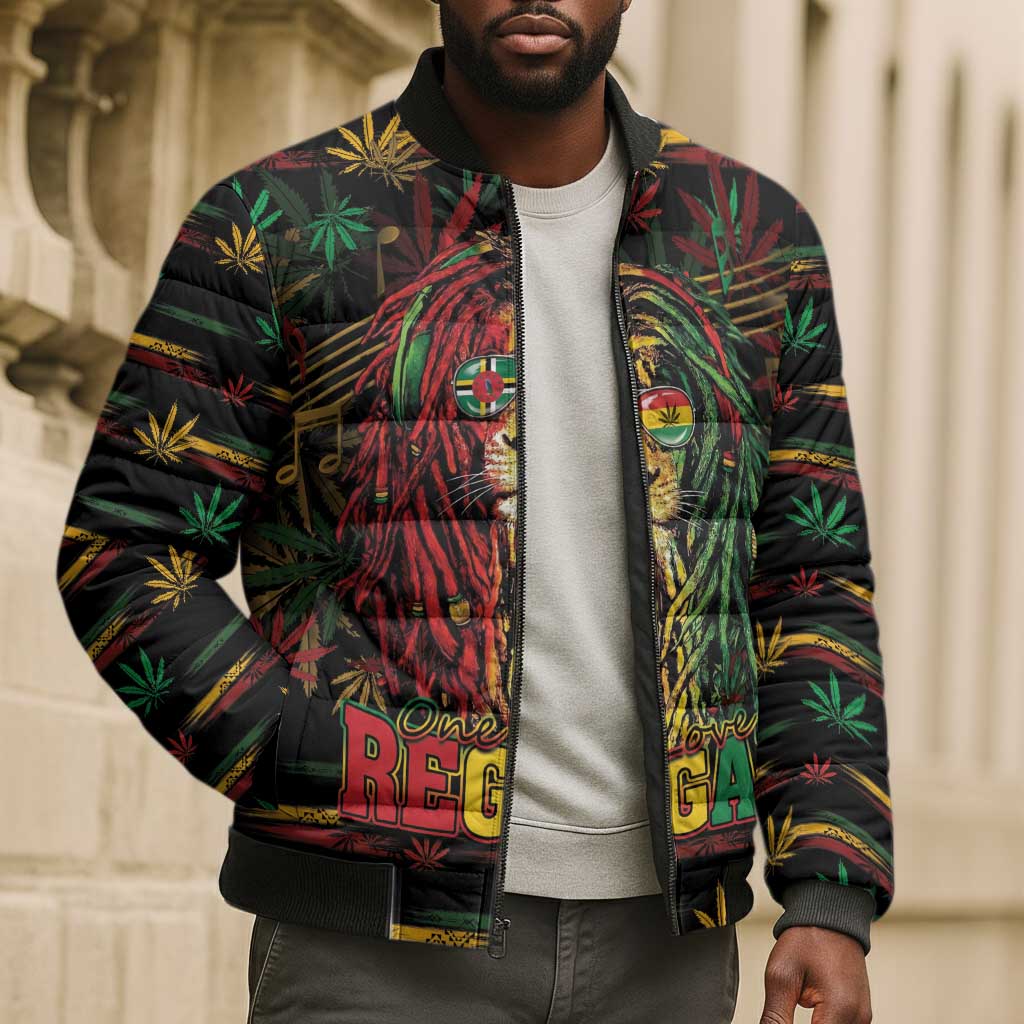 Personalized Dominica One Love Reggae Lion Bomber Puffer Jacket Caribbean Reggae Spirit