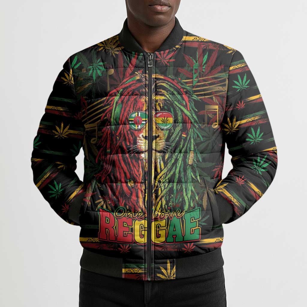 Personalized Dominica One Love Reggae Lion Bomber Puffer Jacket Caribbean Reggae Spirit