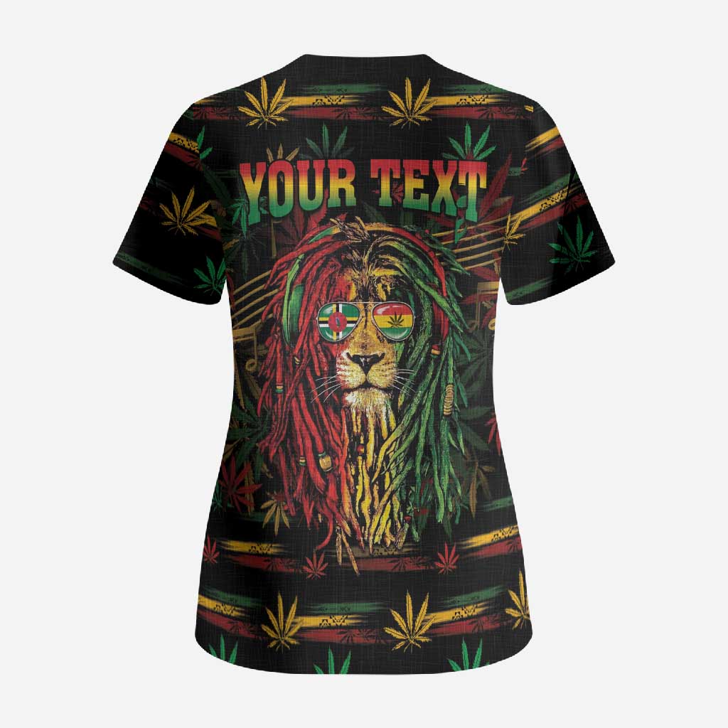 Personalized Dominica One Love Reggae Lion Scrub Top Caribbean Reggae Spirit