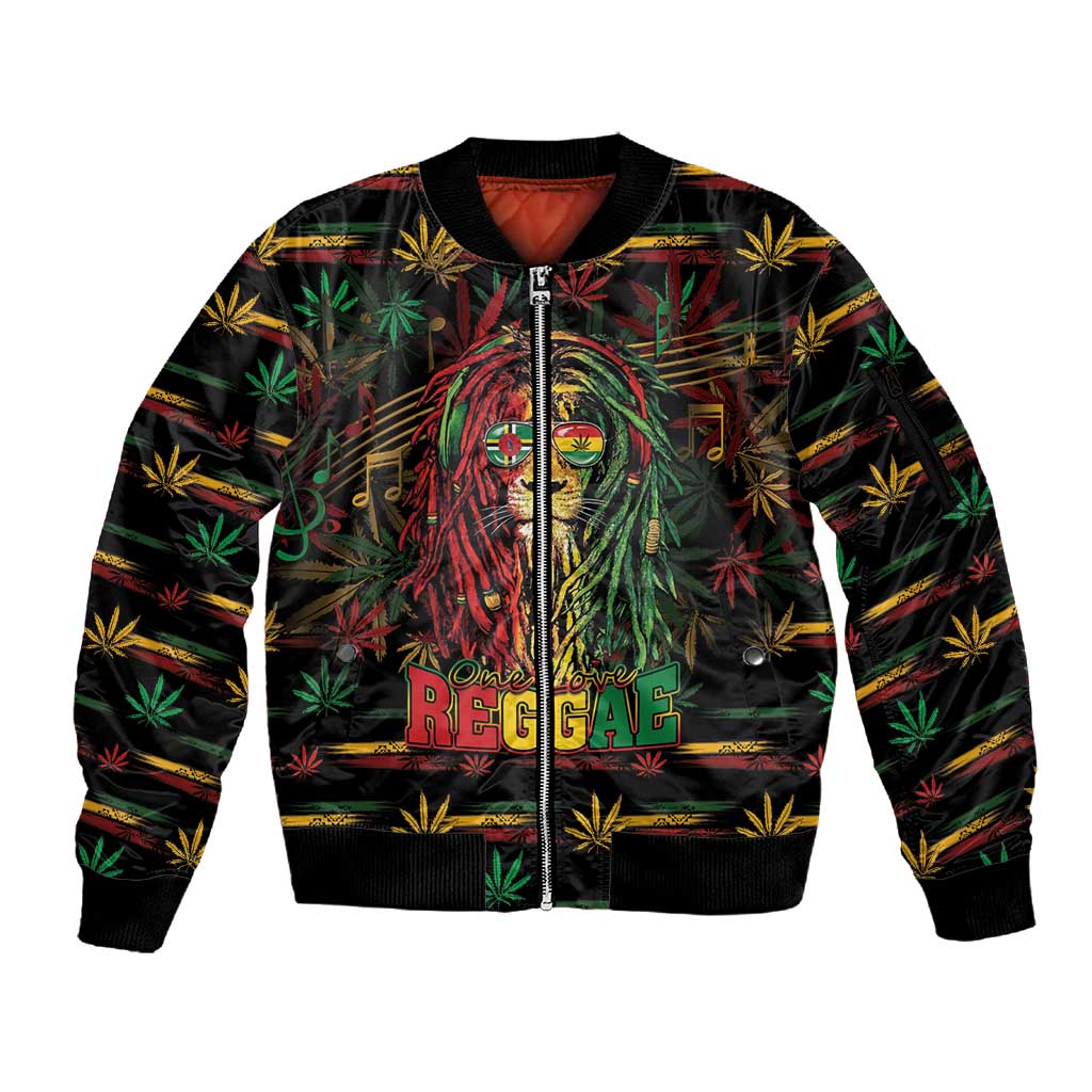 Personalized Dominica One Love Reggae Lion Sleeve Zip Bomber Jacket Caribbean Reggae Spirit