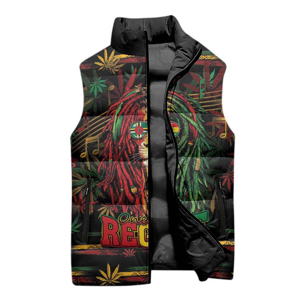 Personalized Dominica One Love Reggae Lion Sleeveless Puffer Jacket Caribbean Reggae Spirit
