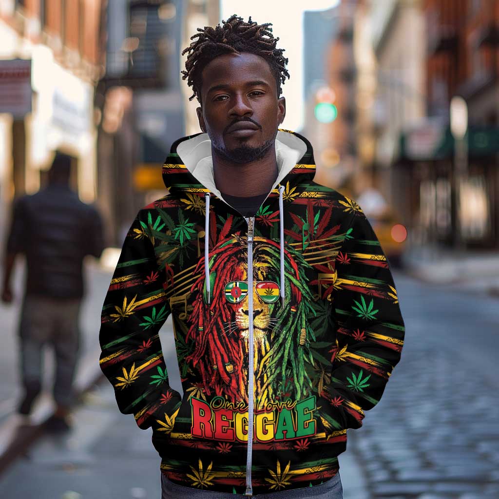 Personalized Dominica One Love Reggae Lion Zip Hoodie Caribbean Reggae Spirit