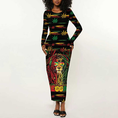 Personalized Guyana One Love Reggae Lion Long Sleeve Bodycon Dress Caribbean Reggae Spirit