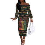 Personalized Guyana One Love Reggae Lion Off The Shoulder Long Sleeve Dress Caribbean Reggae Spirit