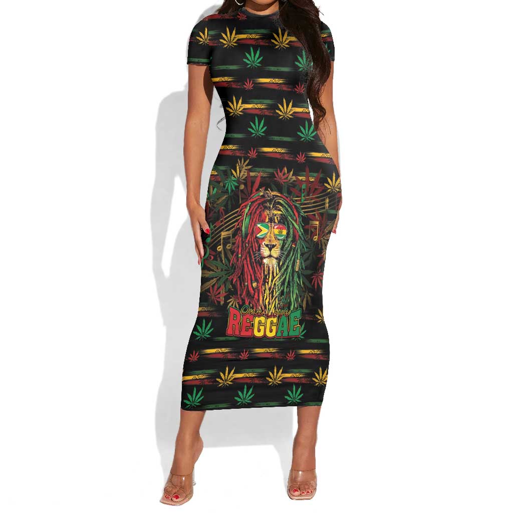 Personalized Guyana One Love Reggae Lion Short Sleeve Bodycon Dress Caribbean Reggae Spirit