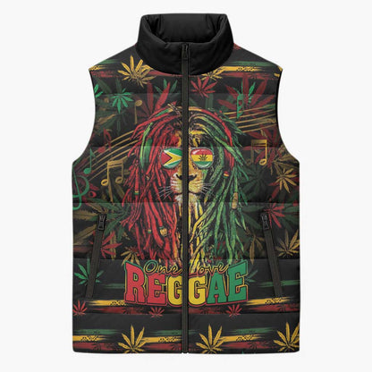 Personalized Guyana One Love Reggae Lion Sleeveless Puffer Jacket Caribbean Reggae Spirit