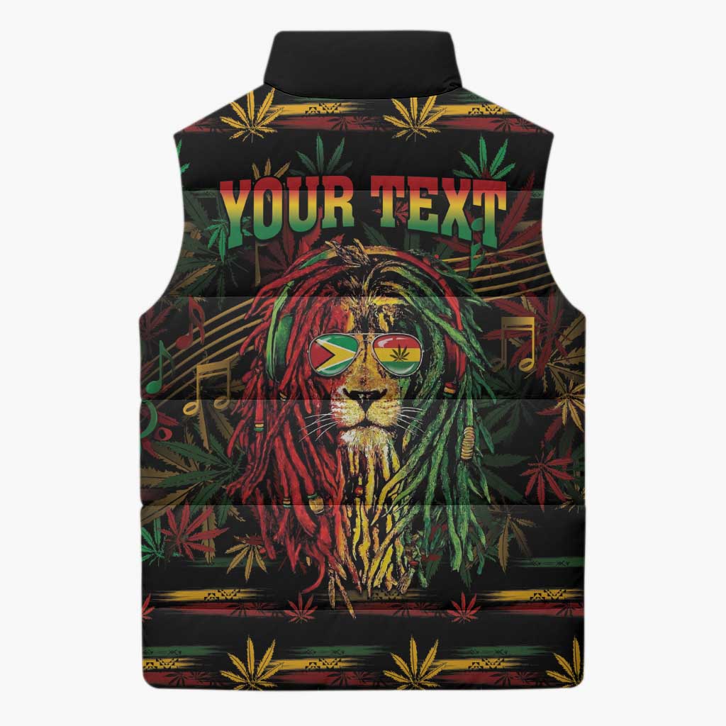 Personalized Guyana One Love Reggae Lion Sleeveless Puffer Jacket Caribbean Reggae Spirit