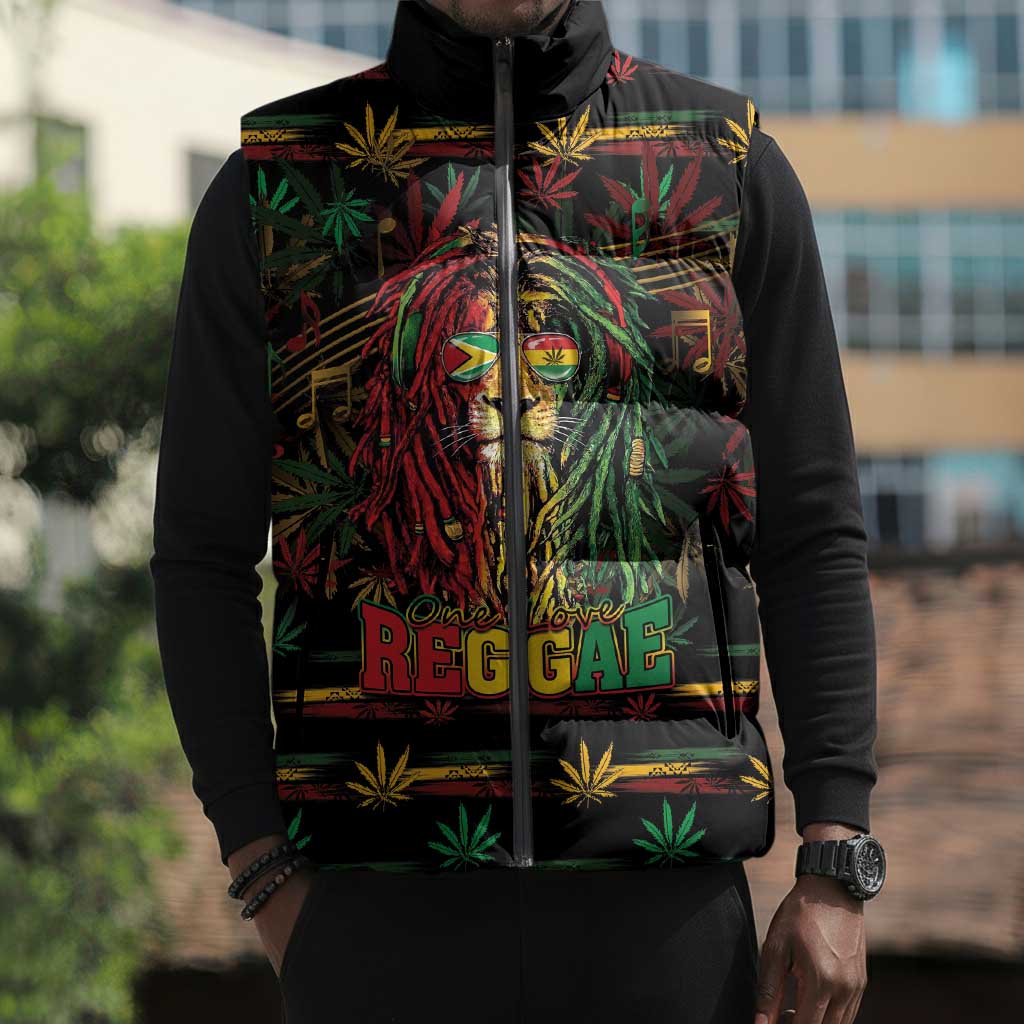 Personalized Guyana One Love Reggae Lion Sleeveless Puffer Jacket Caribbean Reggae Spirit