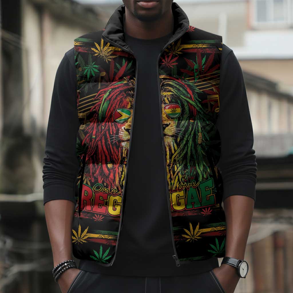 Personalized Guyana One Love Reggae Lion Sleeveless Puffer Jacket Caribbean Reggae Spirit
