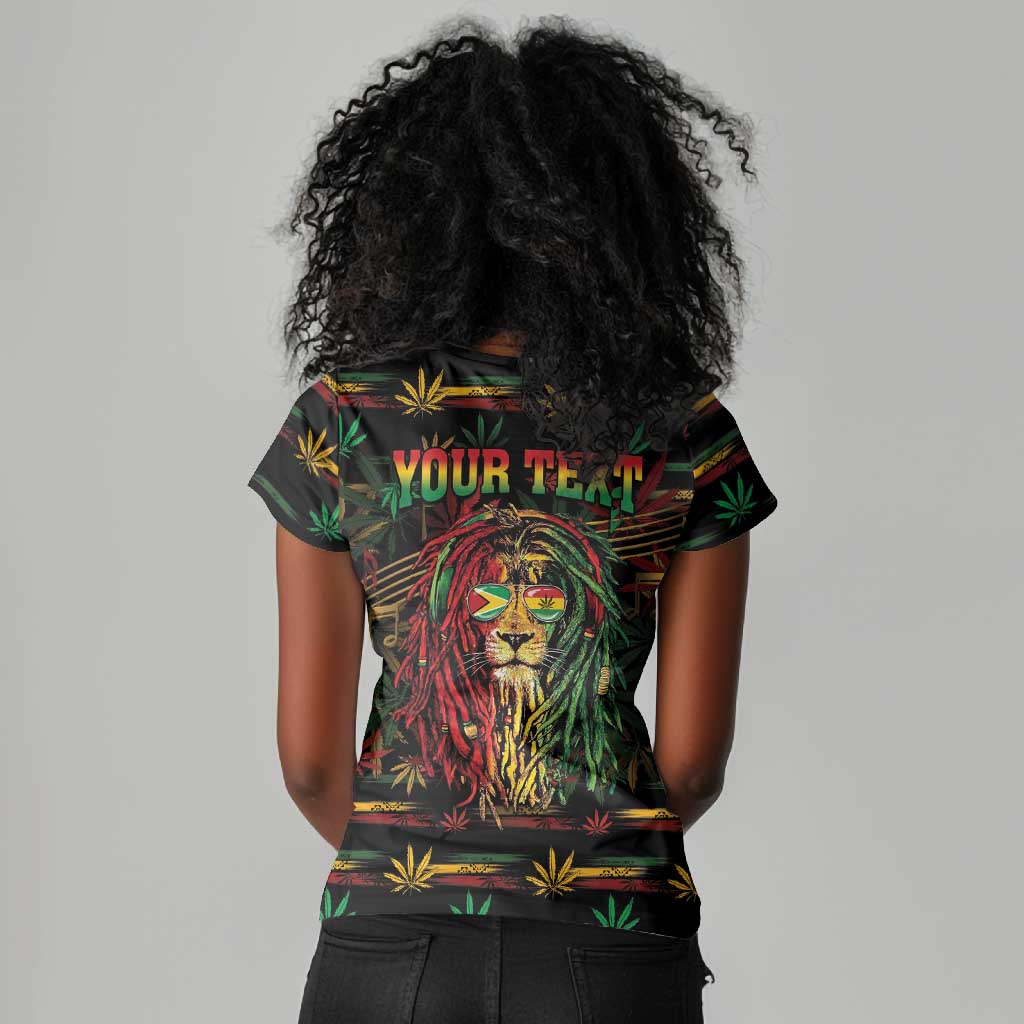 Personalized Guyana One Love Reggae Lion Women V-Neck T-Shirt Caribbean Reggae Spirit