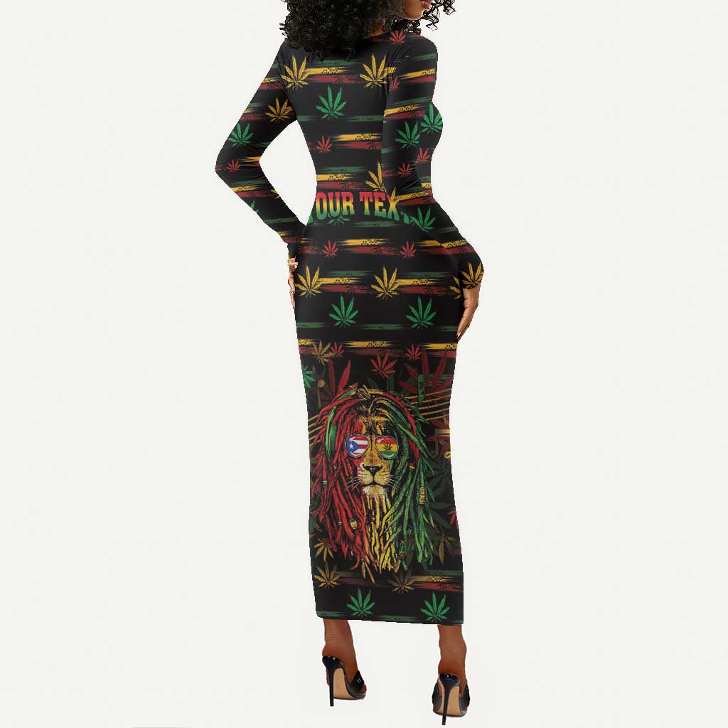 Personalized Puerto Rico One Love Reggae Lion Long Sleeve Bodycon Dress Caribbean Reggae Spirit