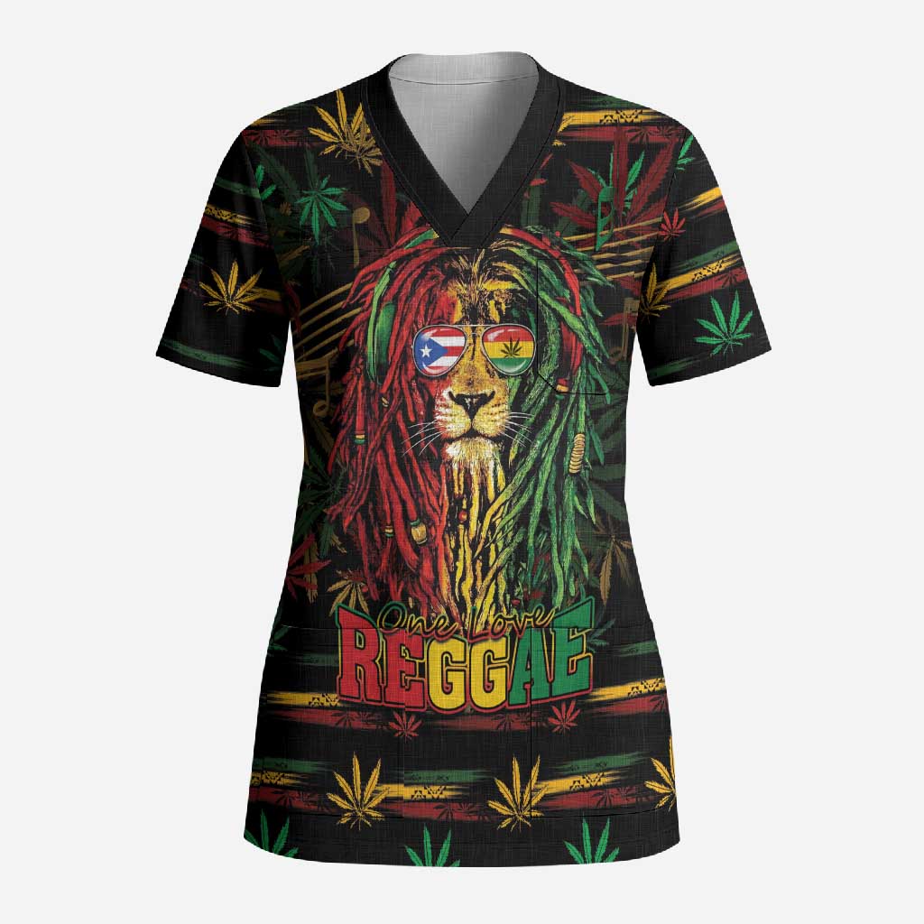 Personalized Puerto Rico One Love Reggae Lion Scrub Top Caribbean Reggae Spirit
