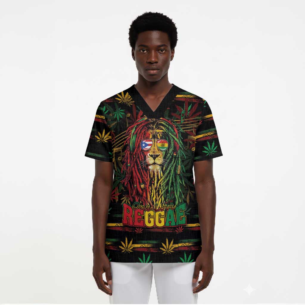 Personalized Puerto Rico One Love Reggae Lion Scrub Top Caribbean Reggae Spirit