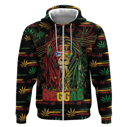 Personalized Puerto Rico One Love Reggae Lion Zip Hoodie Caribbean Reggae Spirit